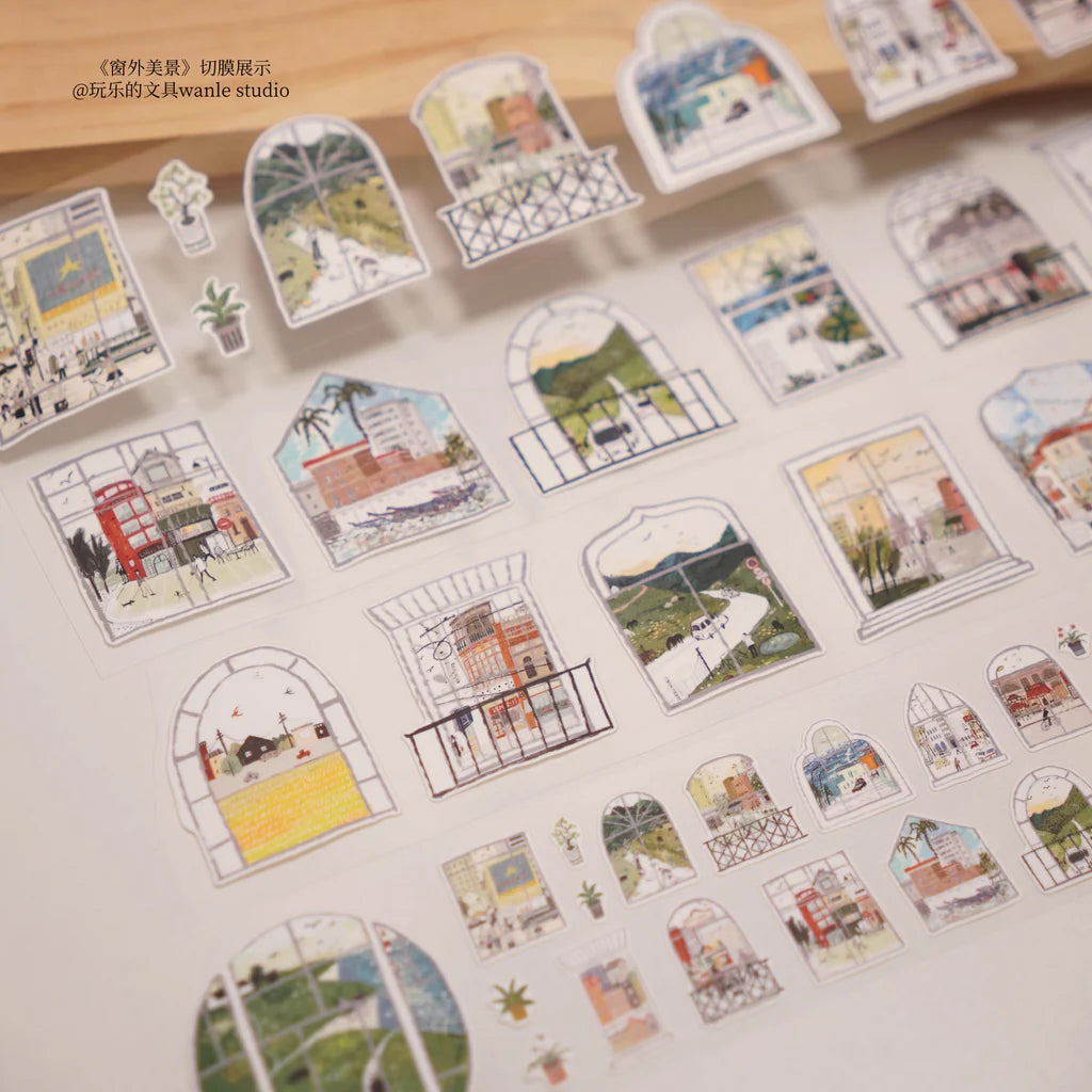 Set of Scenery Outside The Window Sticker Tape scenic designs on a light surface