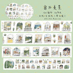 Decorative paper strips with window designs and scenery illustrations on a green background.