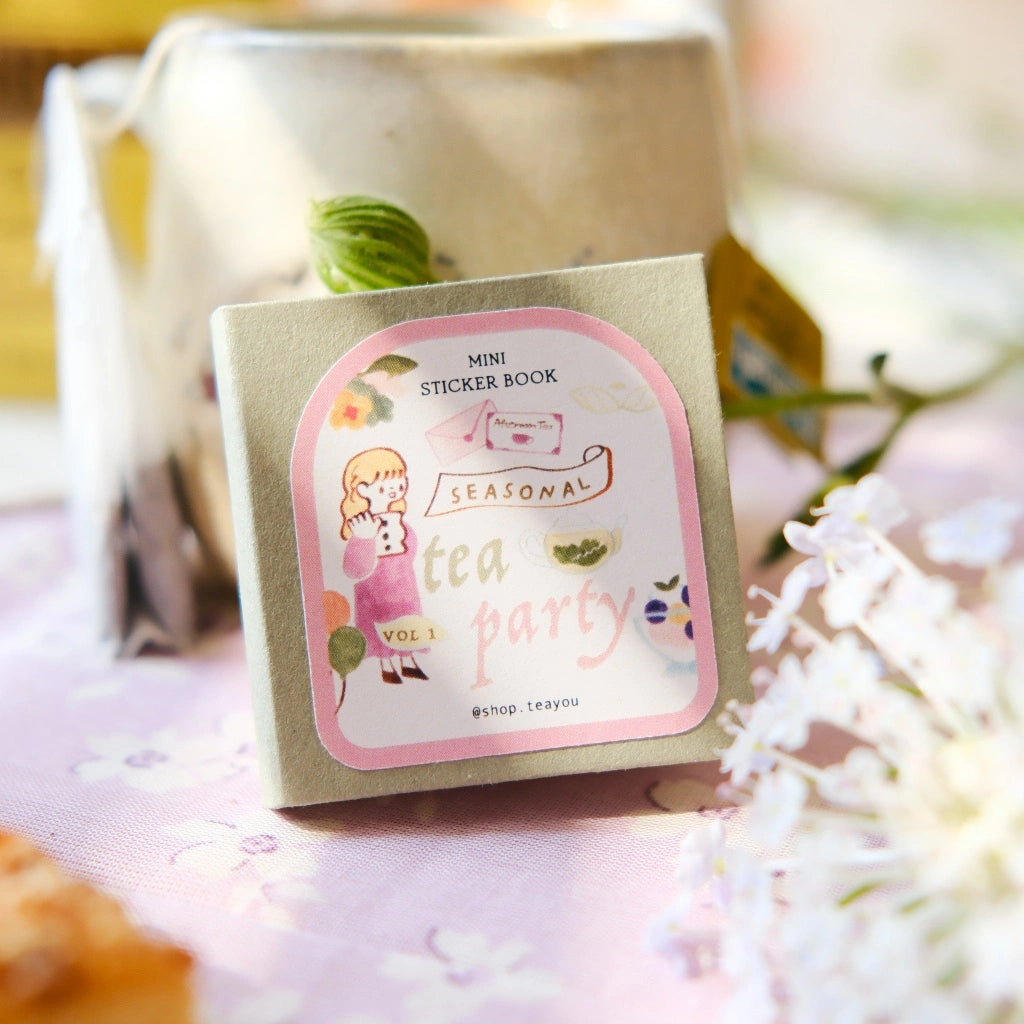 Mini sticker book titled 'Tea Party' with a decorative label on a floral background