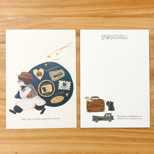 Shanni Ni 'From Me To Me' Gold Foil Postcard by Yamadoro — traveller carrying a gold-foil map, for journaling