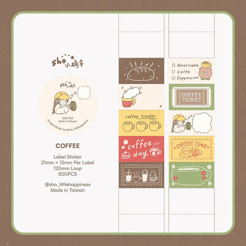 Set of Coffee Label Sticker Tape coffee-themed label designs laid out on a white background