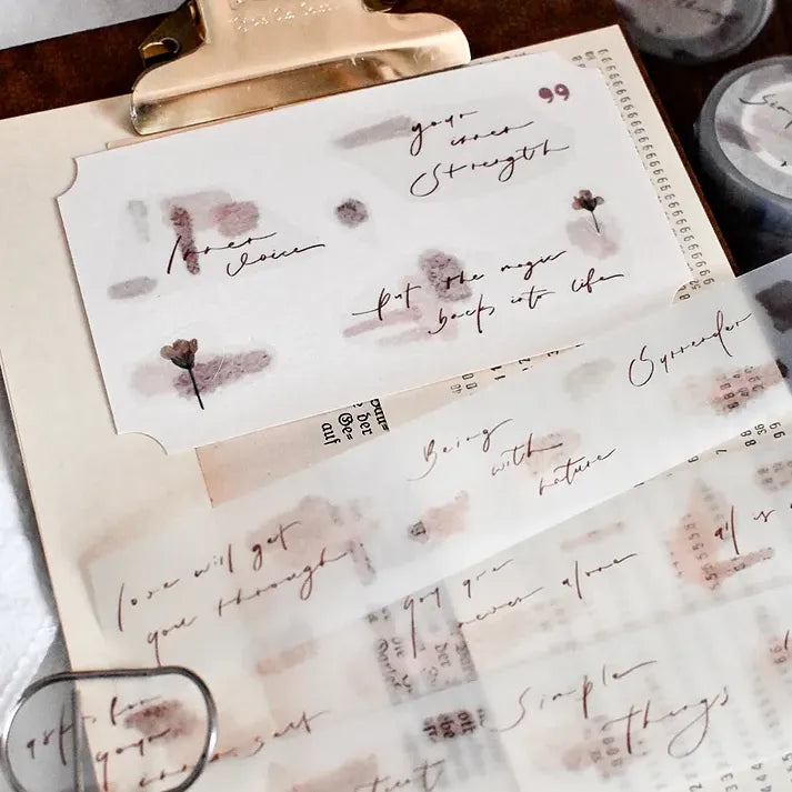 Clipboard sheet decorated with Simple Things PET Tape watercolor flowers and handwritten text