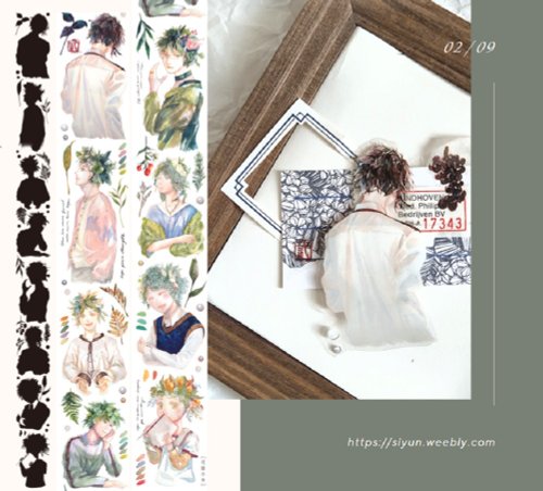 Sheet of Flower Haired Boy PET Tape illustrations with a framed photo on a textured surface
