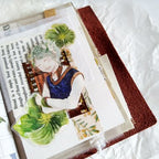 Artistic collage with a woman and plants on a textured surface
