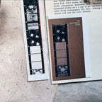Two pieces of paper with text and a film strip on a textured surface
