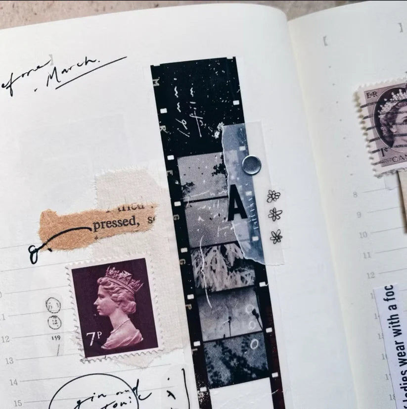 Open book decorated with Skyline PET Tape stamps and film strip cityscape elements