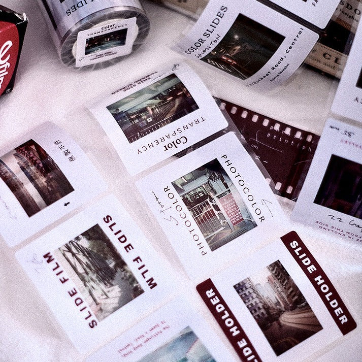 Slide film packaging with images of slides on a light background