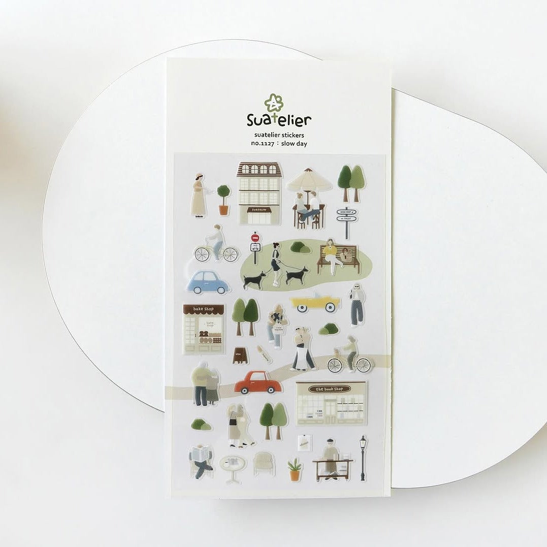 Slow Day Sticker Sheet by Suatelier, decorative stickers with illustrations on a white background