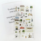 Sheet of decorative stickers with illustrations and text on a white background