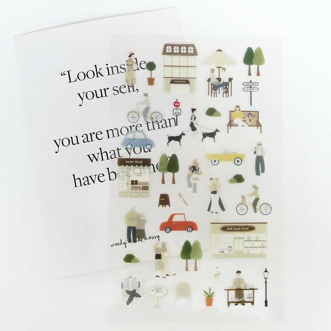 Decorative stickers with illustrations and text, from the Slow Day Sticker Sheet