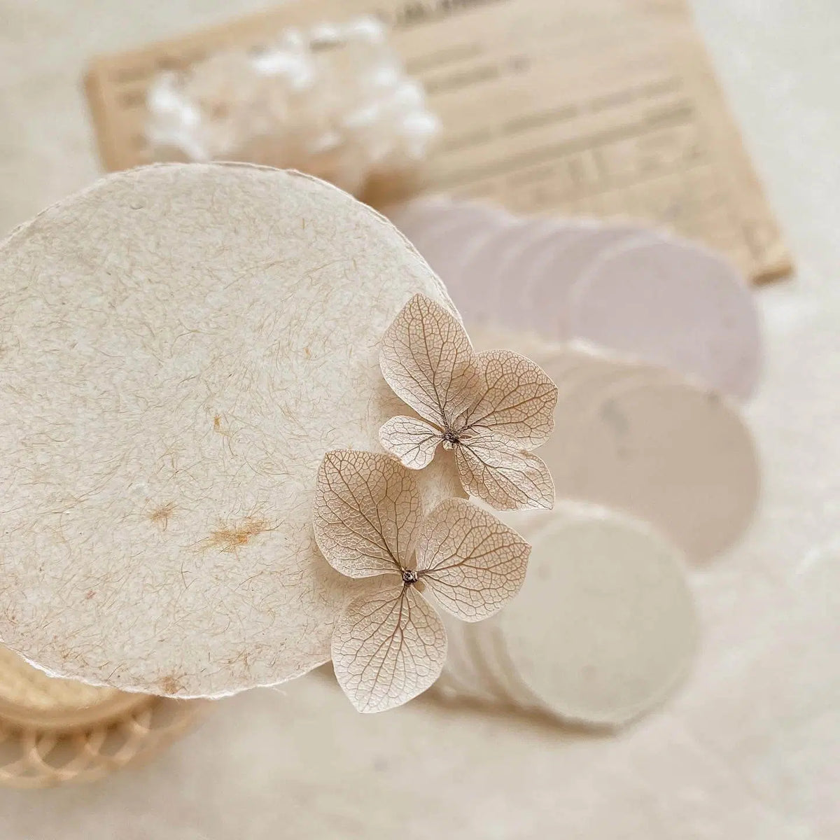 Small Circle Handmade Paper styled together with a dried flower, soft-focus close-up