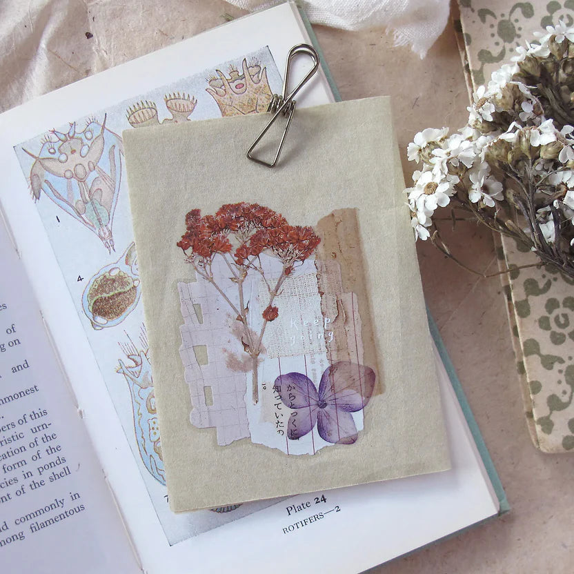 Snippets Chapter 2 PET Tape floral notebook clipped to an open book among dried flowers