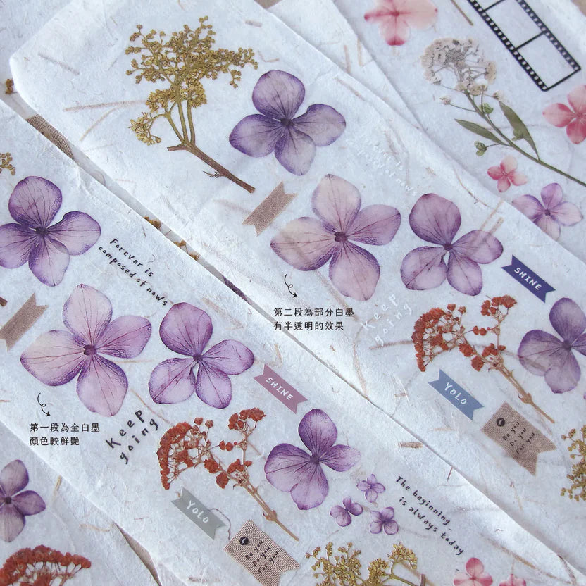 Snippets Chapter 2 PET Tape floral strips with poetic text laid on a white background