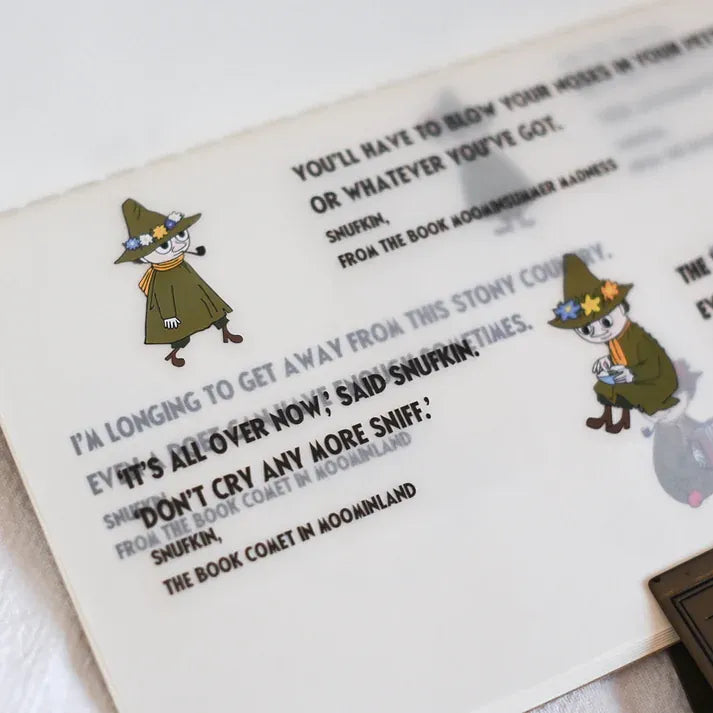 Snufkin's Philosophy PET Tape strip with Moomin characters and storybook text on white, top view