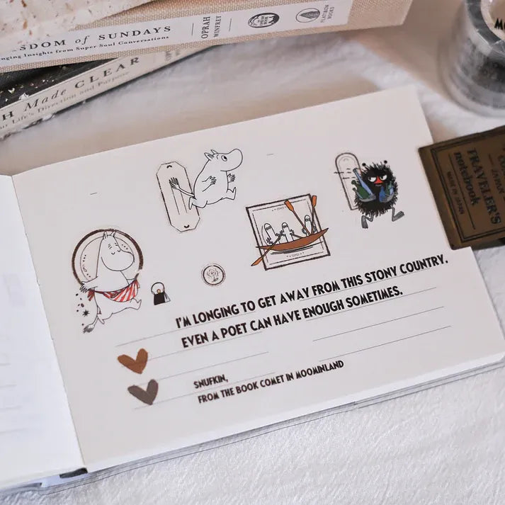 Open book styled with Snufkin's Philosophy ft. Moomin PET Tape illustrations and Nordic quotes