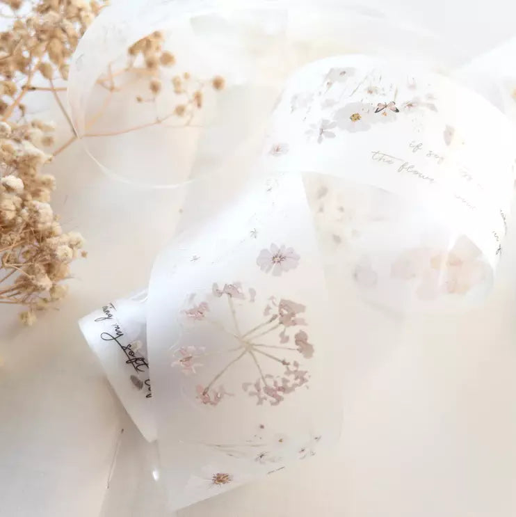 Soft Days PET Tape delicate floral patterns styled on white pillows on a light background