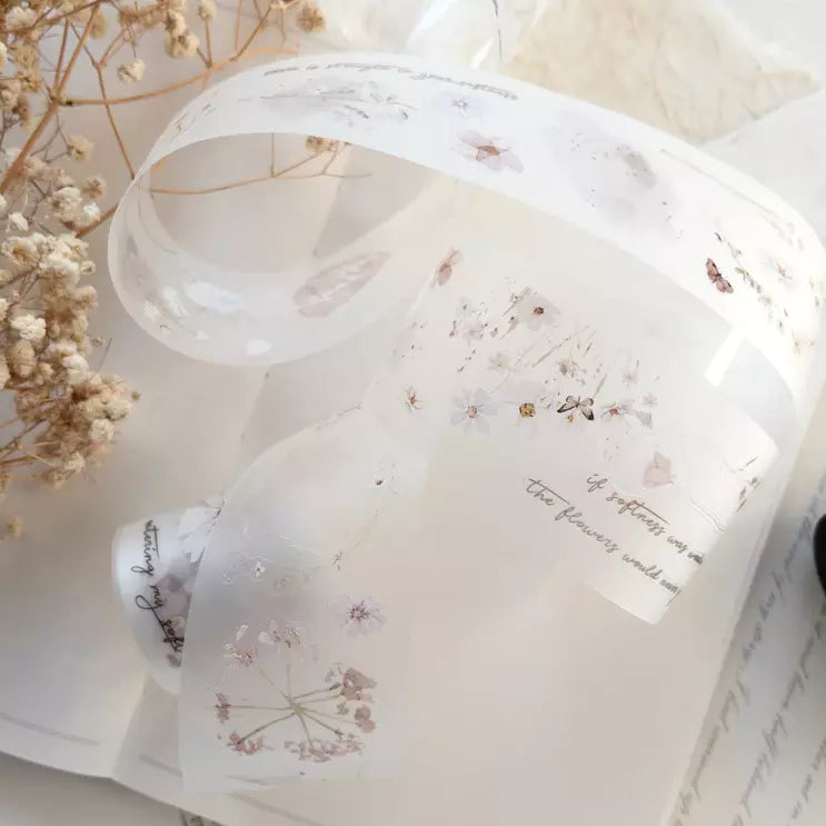 Translucent Soft Days PET Tape ribbon strip with florals and text on a light background