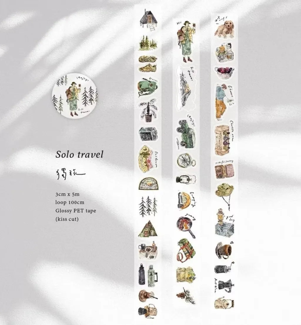 Solo Travel Cut Glossy PET Tape designs shown in a styled arrangement, alternate view