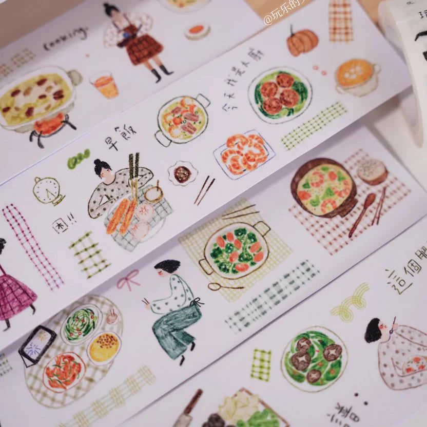 Strips of Some Delicious Washi Tape food and people designs laid out on a white background