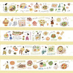 Set of illustrated washi tape strips with food and people designs on a beige background.