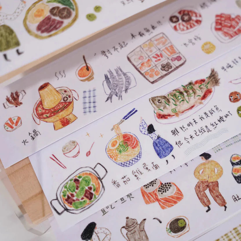 Sticker sheet with illustrations of food and people on a white background