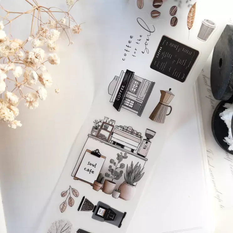 Soul Cafe PET Tape black and white coffee-themed stamp designs with deco elements on white