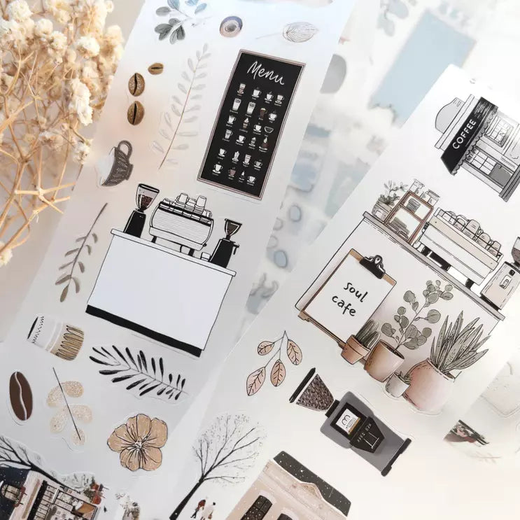 Soul Cafe PET Tape coffee-themed designs styled as stationery on a light background