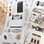 Sheet of decorative stickers with coffee-themed designs on a white background.