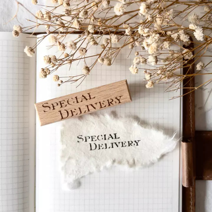 Special Delivery Rubber Stamp impression on a notebook with dried flowers on a light backdrop