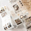 Collection of photo prints on a light surface with decorative elements.