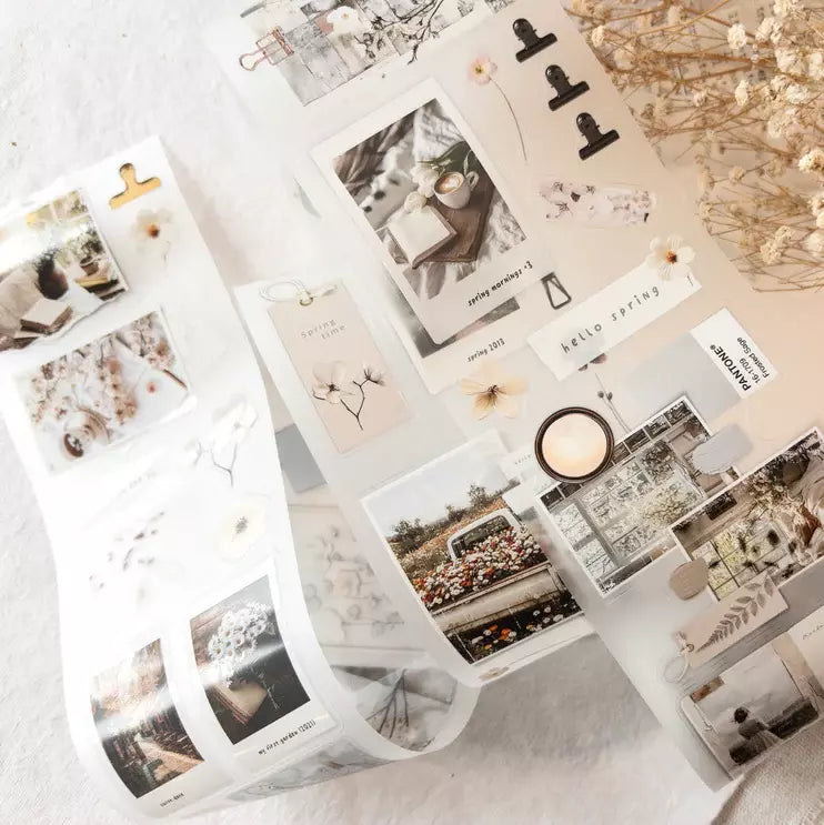 Spring In My Journal PET Tape photo-print designs with deco elements on a light background