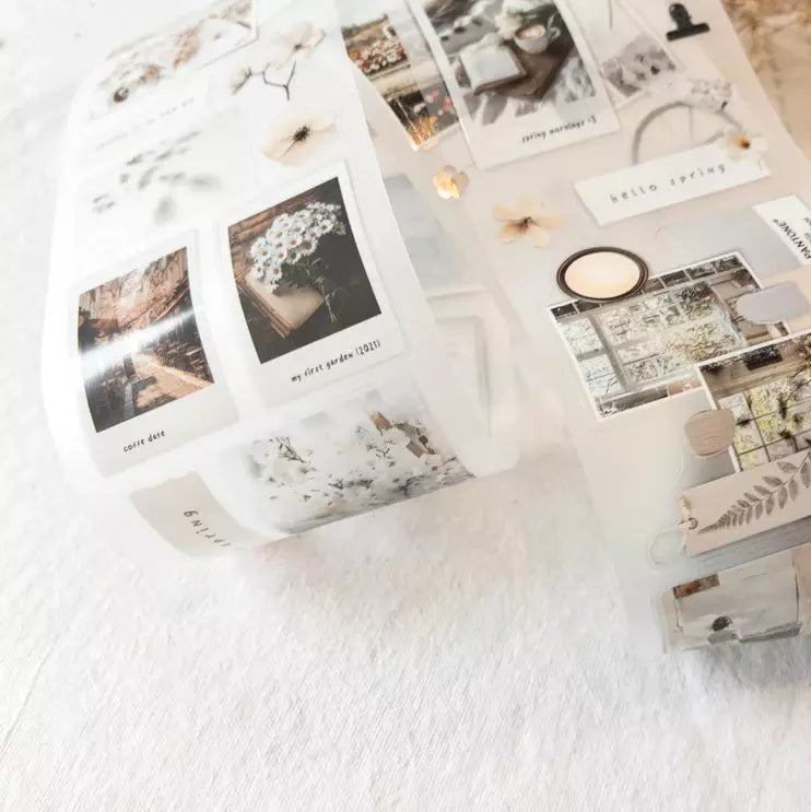 Spring In My Journal PET Tape photo prints on white with a soft-focus backdrop, styled detail view