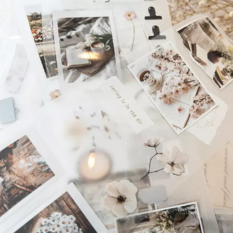 Spring In My Journal PET Tape photo prints scattered with flowers and candles, styled detail view