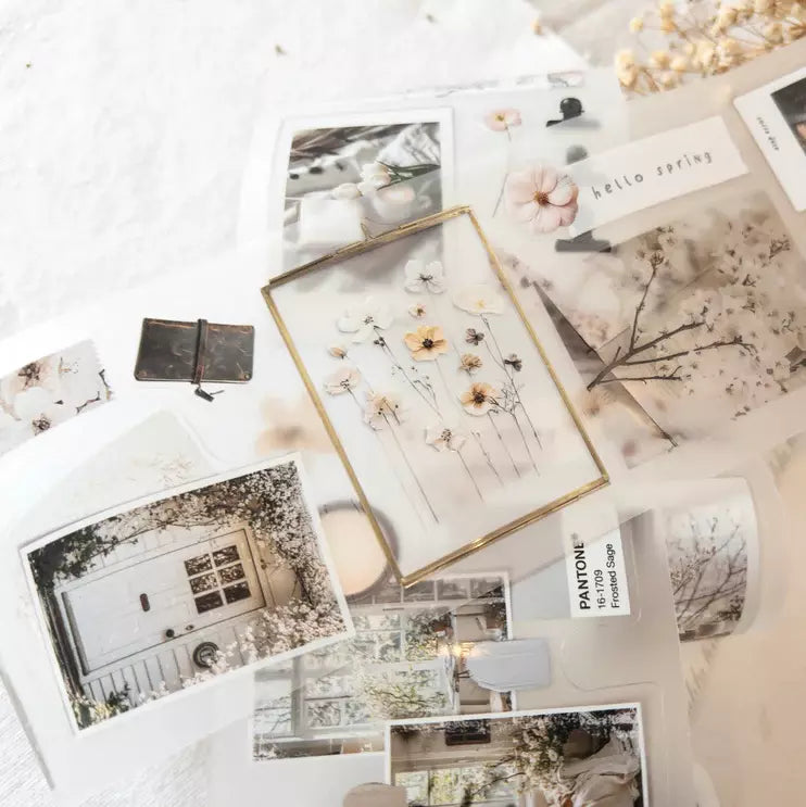Spring In My Journal PET Tape prints artfully styled with stationery on a light surface