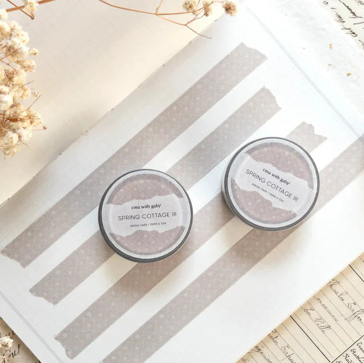 Spring Cottage III Washi Tape rolls with a subtle floral design and sample strips, flat lay