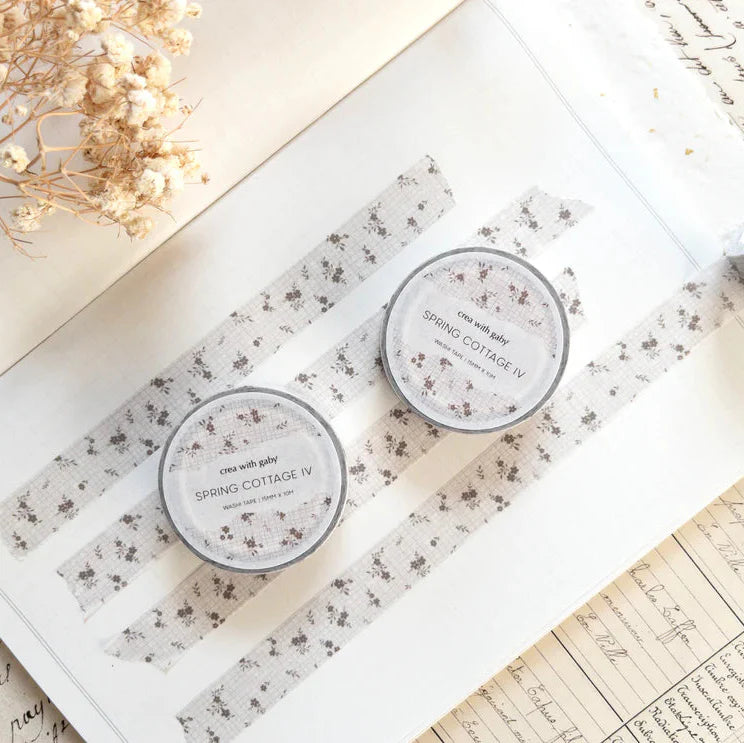 Spring Cottage IV Washi Tape rolls with delicate floral design and sample strips, flat lay