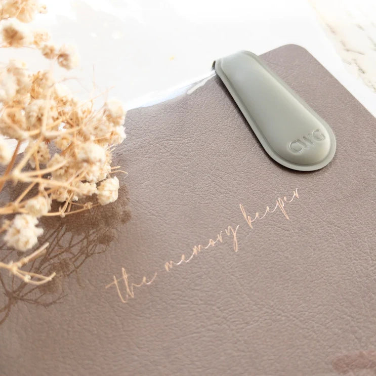 Grey Memory Keeper notebook with a Spring Cottage Magnetic Bookmark and a light green pen