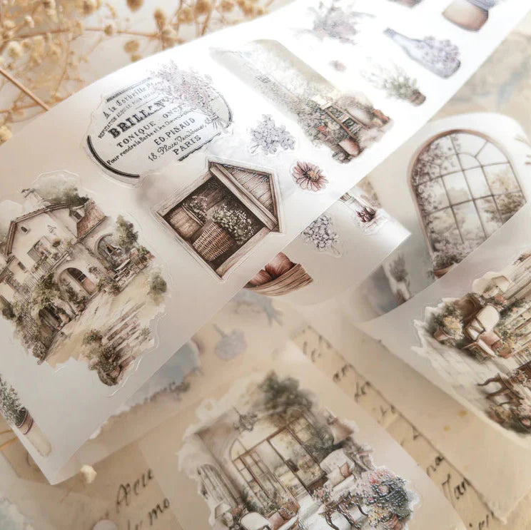 Spring Cottage PET Tape sheet with vintage botanical, label and cottage decor illustrations