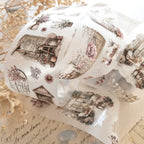 Rolled PET washi tape with detailed vintage floral, furniture, and garden-themed illustrations