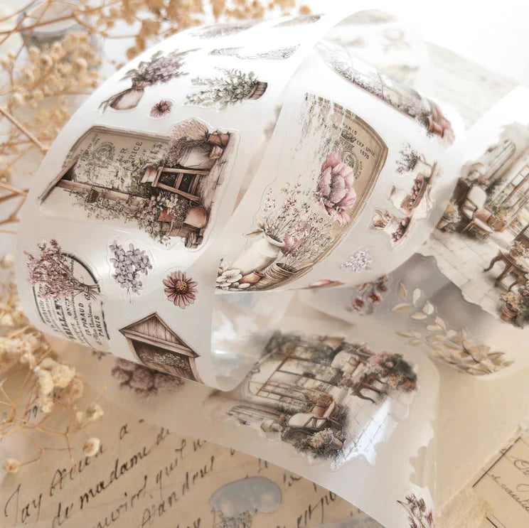 Rolled Spring Cottage PET Tape with vintage floral, furniture and garden-themed illustrations