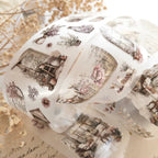 Close-up of spring cottage PET tape featuring pastel floral arrangements, windows, and rustic interior scenes