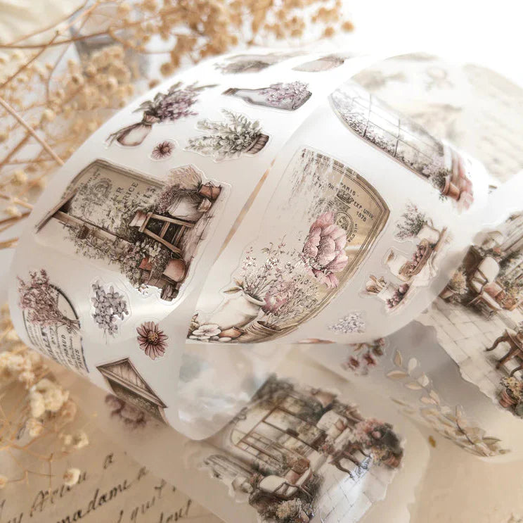 Close-up of Spring Cottage PET Tape pastel floral arrangements, windows and interior scenes