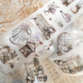 Vintage cottage PET sticker tape with floral, window, and rustic home illustrations in soft neutral tones