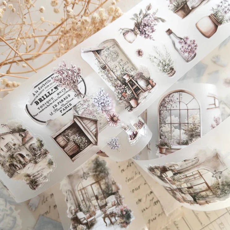Spring Cottage PET Tape with floral, window and rustic home illustrations in soft neutrals