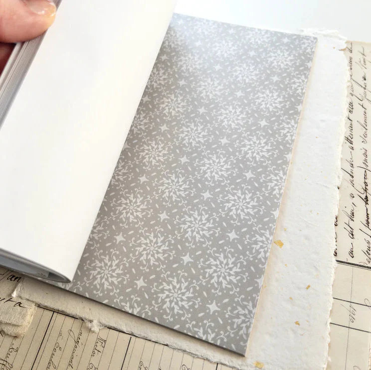 Vintage-inspired floral pattern washi sticker sheet with soft white motifs on grey background