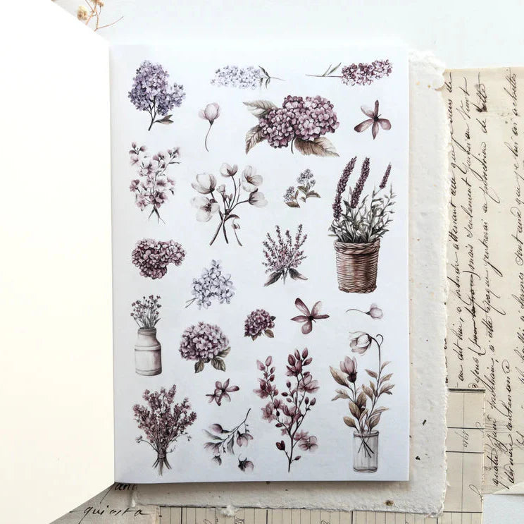 Vintage floral sticker page with detailed botanical elements in muted pink and beige palette