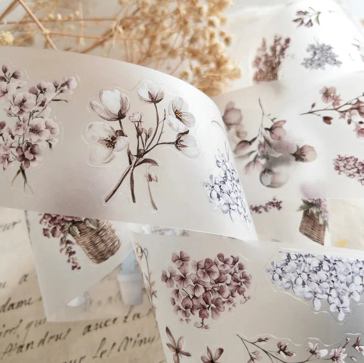 Spring Garden PET Tape floral pattern styled on fabric with a soft-focus background