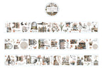 Decorative washi tape with vintage-style illustrations on a white background