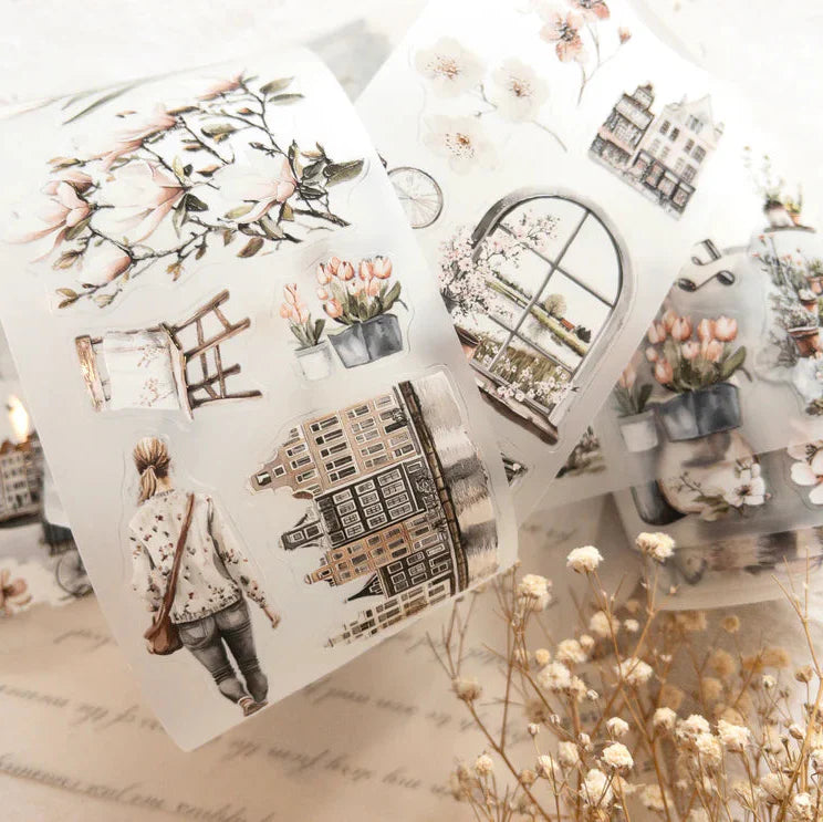 Springtime Melody PET Tape postcard-style scenic and architecture illustrations on a textured surface