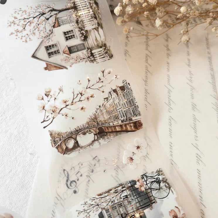 Springtime Melody PET Tape architectural designs styled with dried flowers on a textured surface